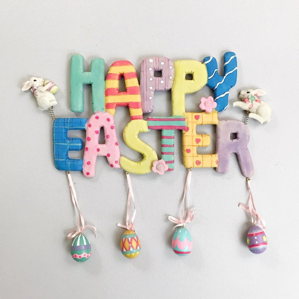HAPPY EASTER Decorative Hanging Wall Sign Plaque Spring Bunnies Eggs Colorful